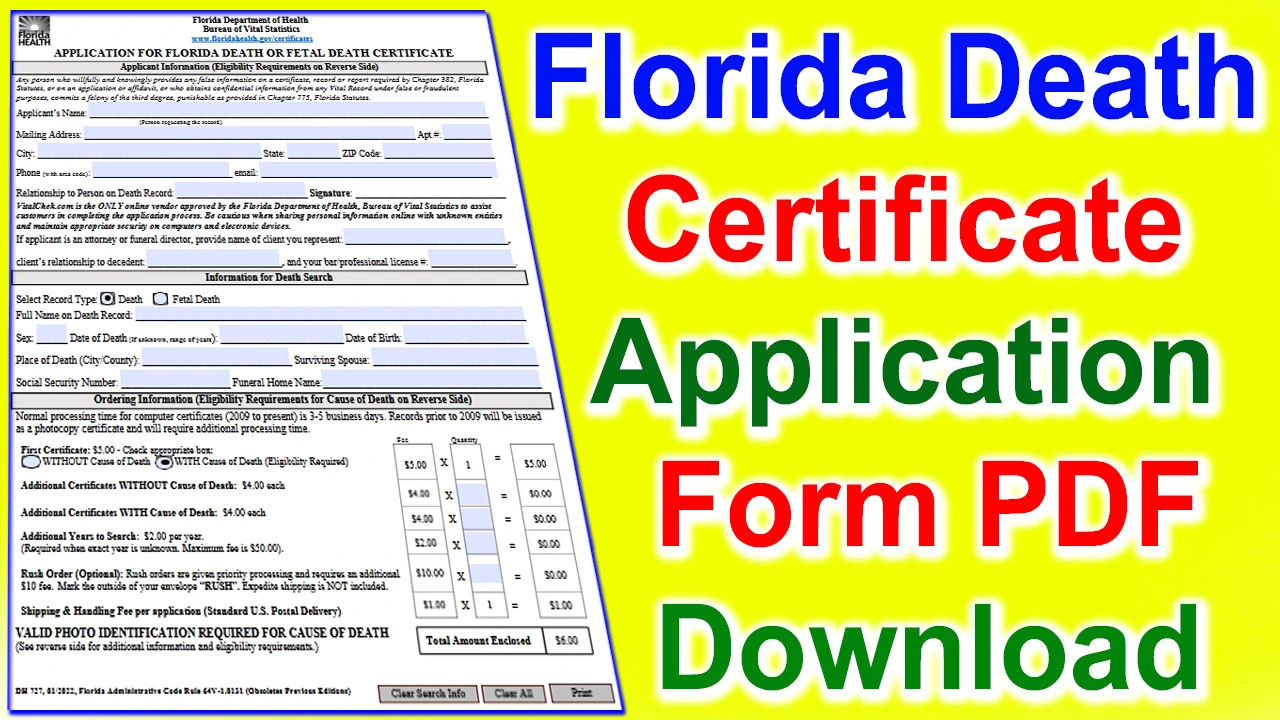 Florida Death Certificate Application Form PDF 2024