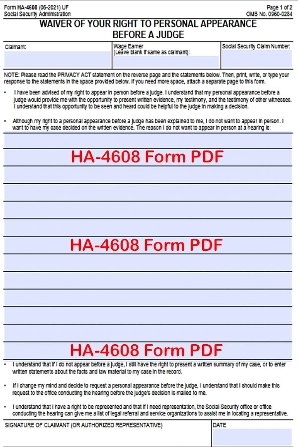 HA-4608 Form PDF Download, Waiver Of Appearance Form, HA-4608 Form PDF, ha 4608 pdf, HA-4608 Form Download, HA-4608 Form Download PDF, How To Download HA-4608 Form PDF, How To Fill HA-4608 Form PDF, Fillable Form HA-4608, Ssa Ha 4608, How to Fill out Form HA-4608, Printable HA-4608 Form PDF Download, Waiver of Your Right to Personal Appearance Before a Judge